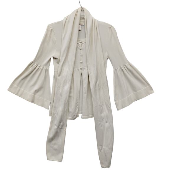 Zoe D. Fine Knit Blouse Size XS Beige Flared Sleeves Attached Scarf 5 Buttons - Picture 3 of 8